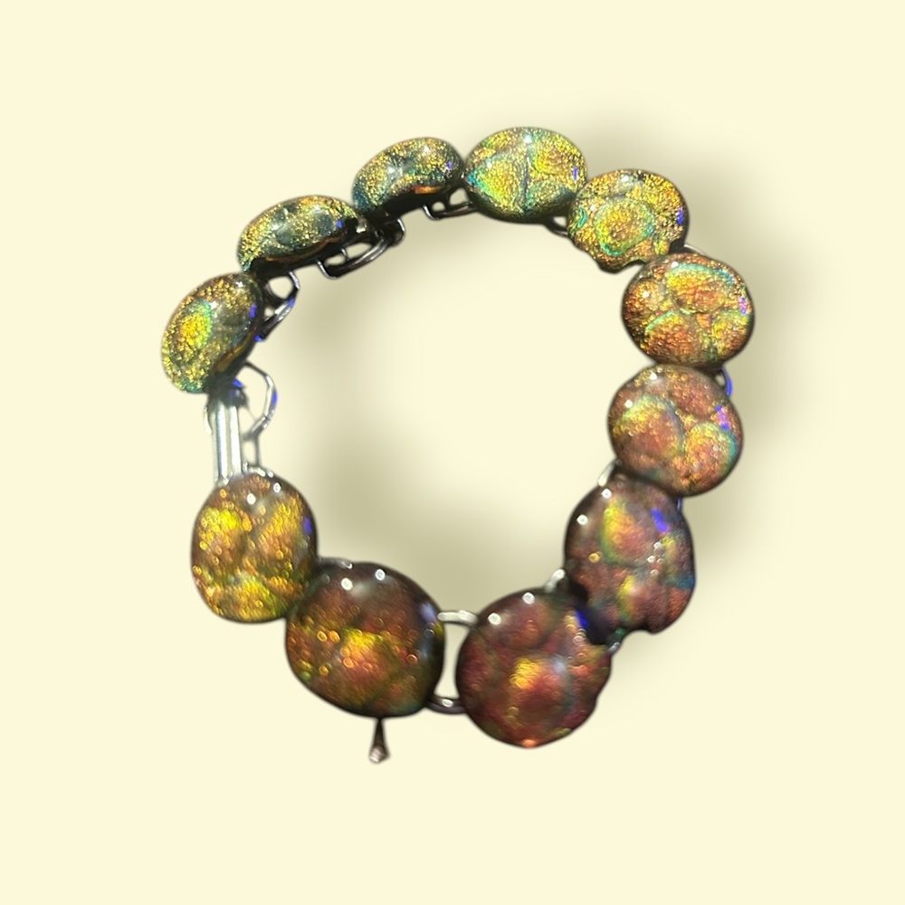 Ladies Round Copper orange dichroic glass bead bracelet artsy autumn colors